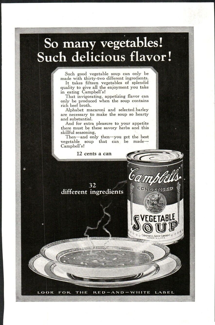 VTG 1926 Campbells Vegetable Soup: So Many Vegetables 1920s Ephemera Print Ad